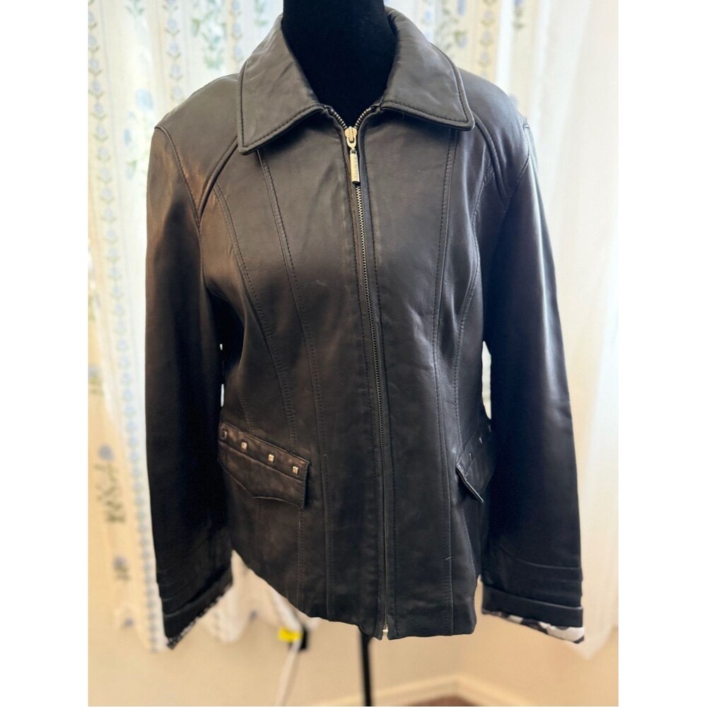 Juliet Michelle Genuine Leather Jacket Black Studded Zip Front Women’s Size L